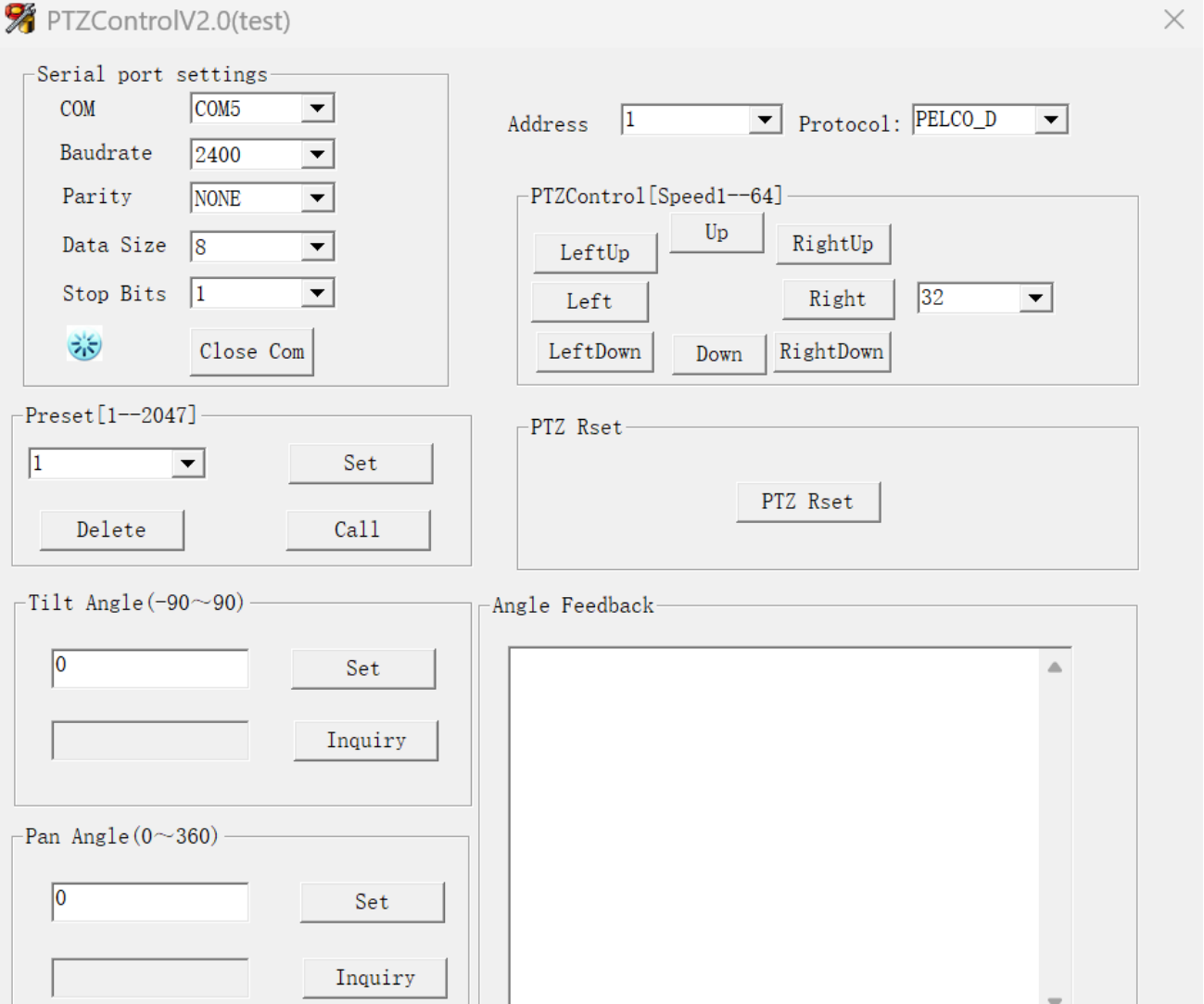 Rs485/rs422 pan tilt unit control software pro windows